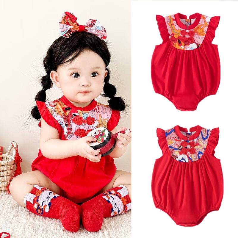 Baby Jumpsuit ชุดสีแดง ตรุษจีน Jumpsuit เด็กทารกแขนกุดสีแดง Jumpsuit กับสายคาดผม