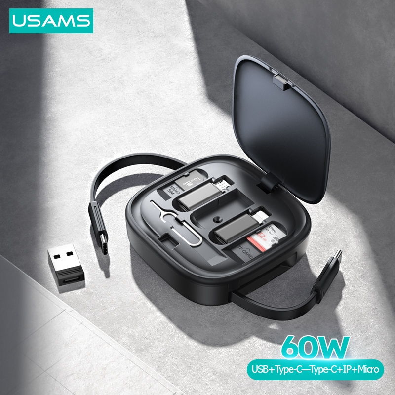 Usams ชุดกล่องเก็บสายชาร์จ Type C - Type C Micro IP 60W อเนกประสงค์ ช่องเสียบซิมการ์ด TF OTG สายเคเบิล 100mm