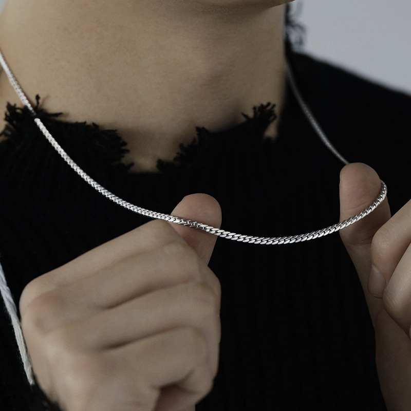 ผู้ชายอินเทรนด์พรีเมี่ยม 925 Silver-Plated Fine Cuban Chain สร้อยคอ All-Match Simple Plain Chain Clavicle Chain