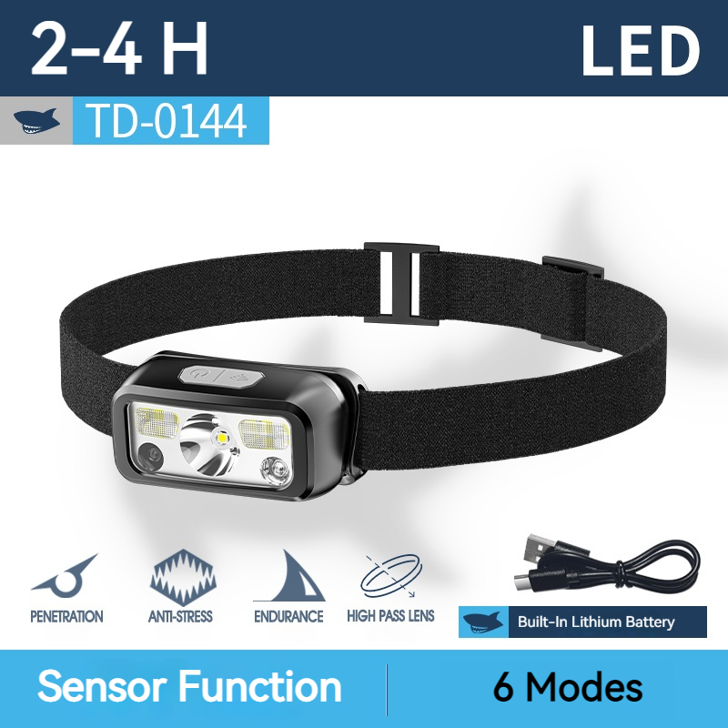 Smiling Shark TD0144 ไฟฉายคาดหัว ไฟหน้า Led  ไฟคาดหัว 6 โหมด Type-C กันน้ํา ชาร์จได้ สีขาว สีแดง สําหรับเด็ก ผู้ใหญ่ ตกปลา ปั่นจักรยาน วิ่ง อ่านหนังสือ