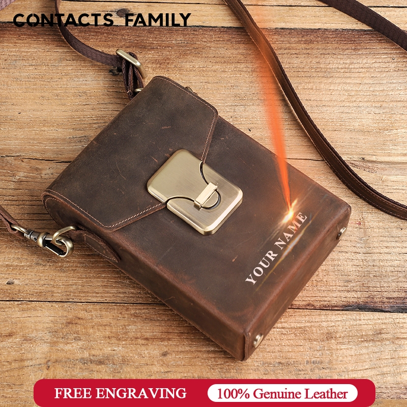 CONTACTS FAMILY กระเป๋าสะพายไหล่ กระเป๋าถือ ใส่โทรศัพท์มือถือได้ สไตล์วินเทจ สําหรับผู้ชาย Phone 13 14 15 pro Max 5.4 6.1 6.9 นิ้ว Full Grain หนัง