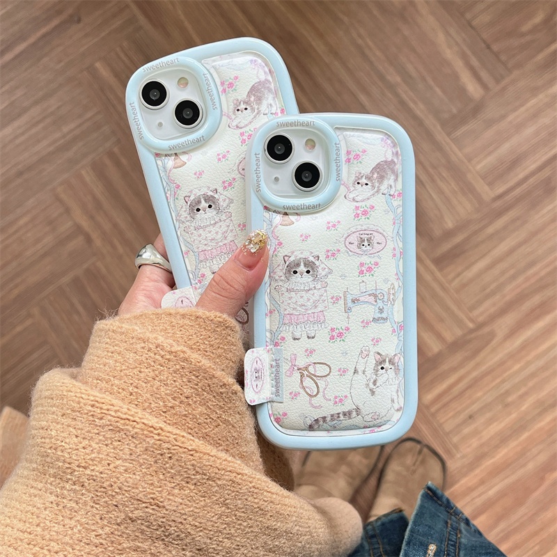 Iphone 15 Pro Max 14 Pro Max ลายแมว ดอกไม้ TPU + วัสดุ PU ผ้าฝ้าย เติม เคสโทรศัพท์