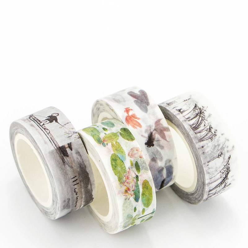 Penlab 1pcs กระดาษแนวนอน Washi เทปแม่น้ํา Lotus Mountain Forest 15 มม.เทปกาวสติกเกอร์ C6354