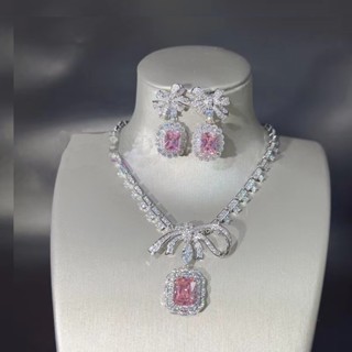 ชุดสร้อยคอ ต่างหู ประดับเพชร เพทาย สีชมพู สําหรับผู้หญิง