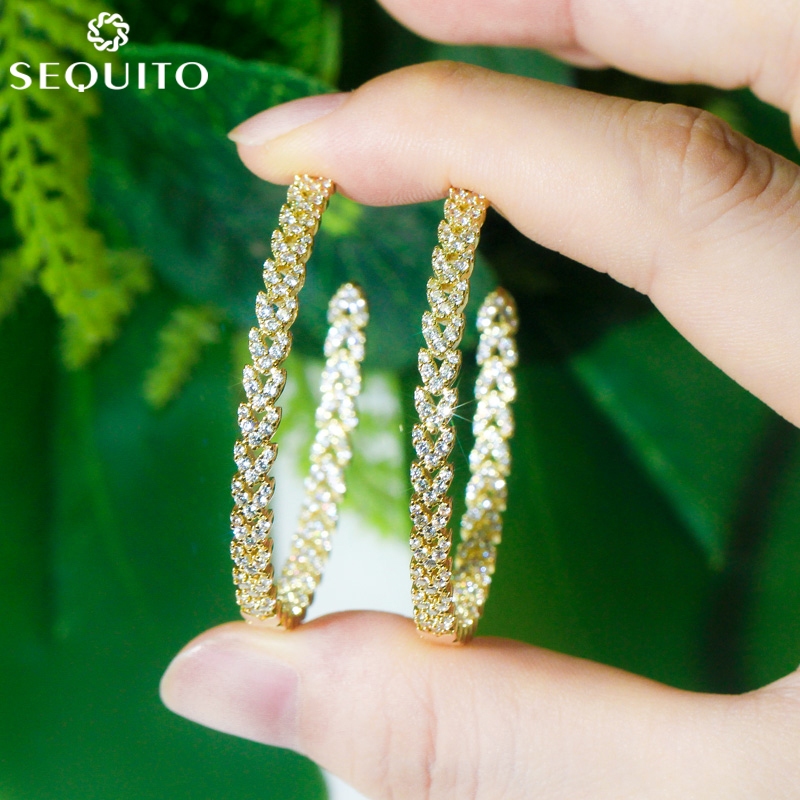 SEQUITO แฟชั่นไนท์คลับอารมณ์เครื่องประดับสีทองประกาย CZ คริสตัลขนาดใหญ่รอบวงกลม Hoop ต่างหู E357