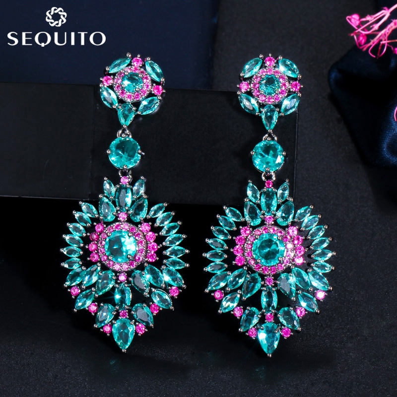 SEQUITO Ins สไตล์อินเทรนด์ Gorgeous สีดําทอง Jewellery Shining Light Blue Rose สีแดง CZ คริสตัลยาว D