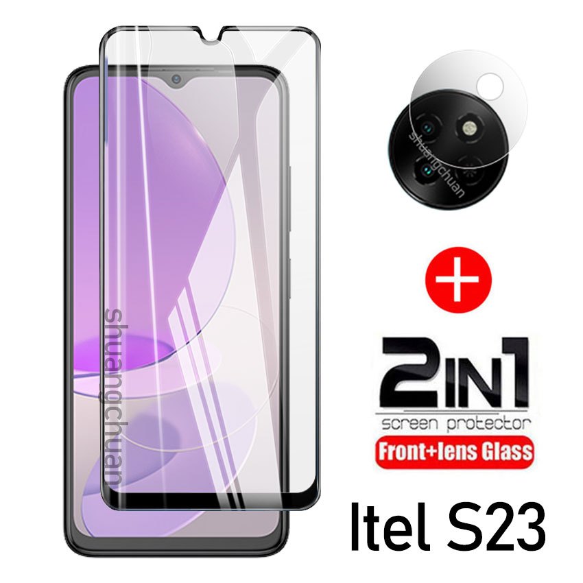 2 in1 Itel S23 กระจกนิรภัย Itel S23 เต็มจอ หุ้มด้วยฟิล์มกระจกนิรภัยโทรศัพท์มือถือ + ตัวป้องกันเลนส์ก