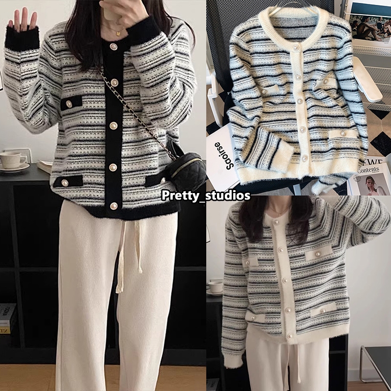 เสื้อคาร์ดิแกน แขนยาว คอกลม และแถบกว้าง สําหรับผู้หญิง