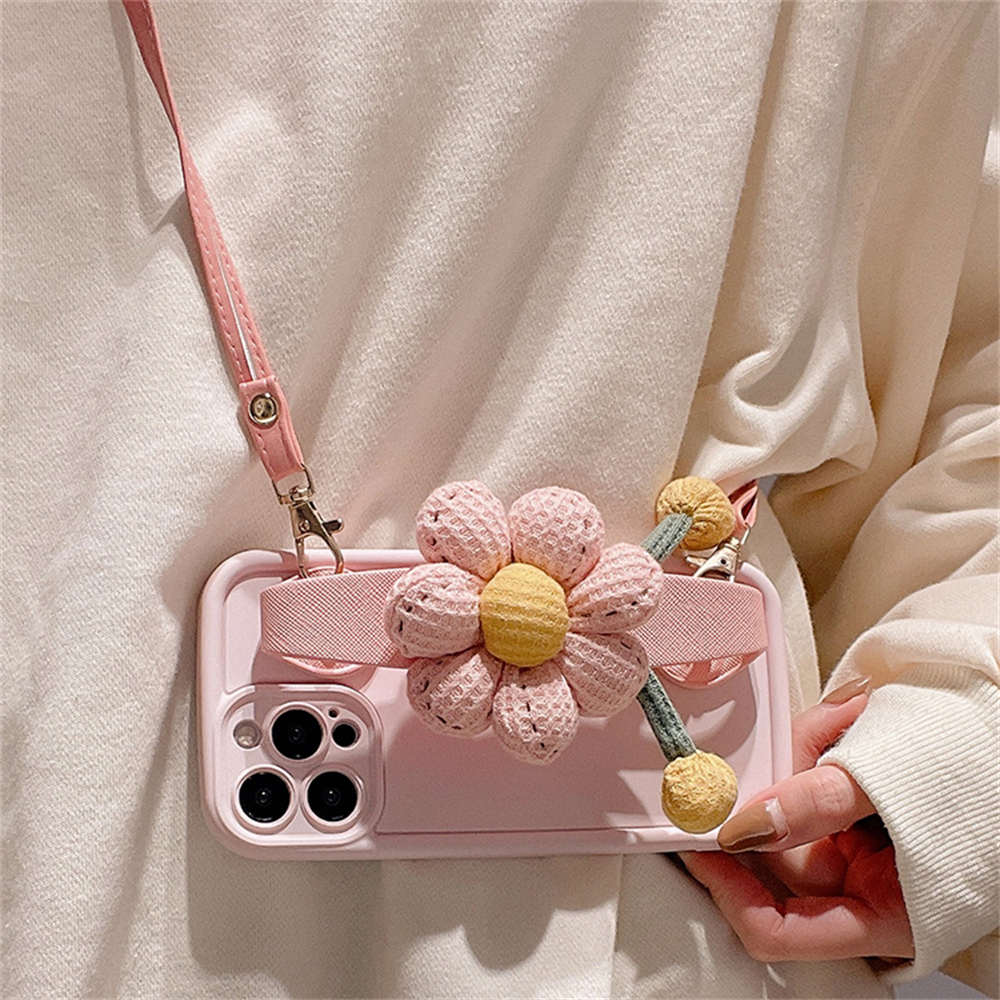 สาวน่ารักตุ๊กตาดอกทานตะวันสายรัดข้อมือCrossbody Lanyardร้อนสีชมพูเคสโทรศัพท์เข้ากันได้สําหรับiPhone 16 15 Pro Max 14 12 Pro 13 8 Plusนุ่ม