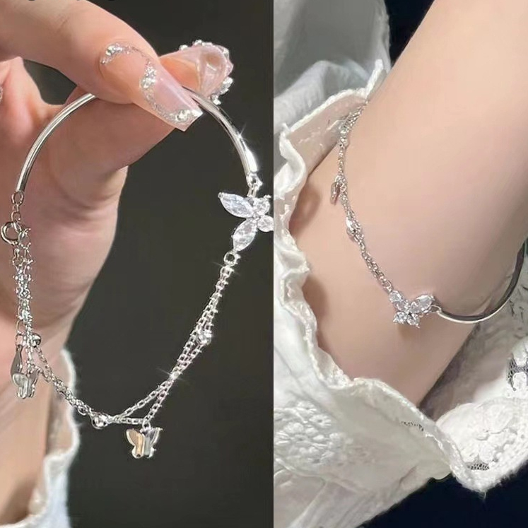 💖XINYIA💖 ใหม่ ผีเสื้อ แวววาว เพทาย สีเงิน กําไลข้อมือ เบา หลายชั้น โซ่ สร้อยข้อมือ สําหรับผู้หญิง แฟชั่น มือ เครื่องประดับ