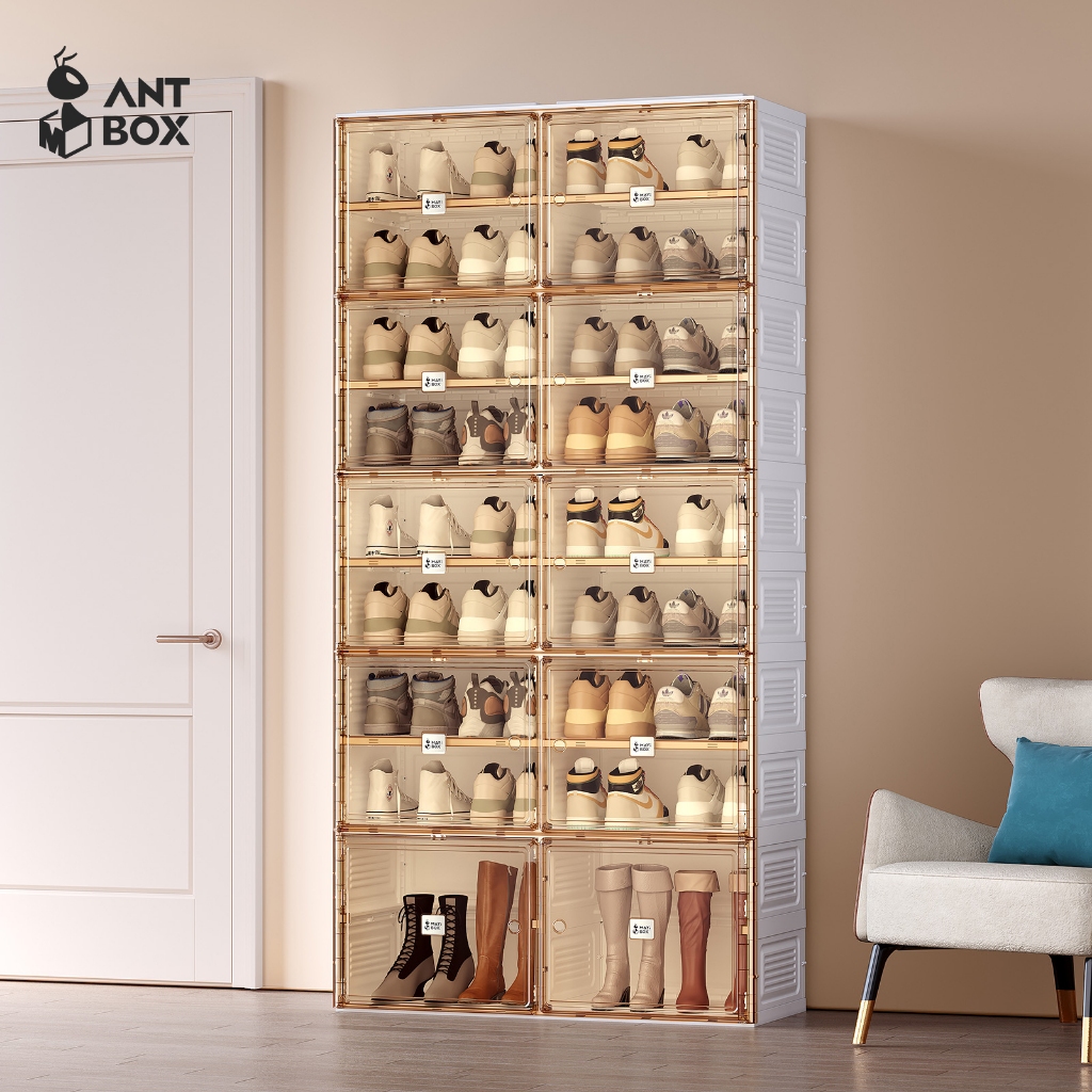 ANTBOX [พร้อมส่ง !! ] ตู้รองเท้า ใส่รองเท้าบูทได้ 2 แถว  ติดตั้งง่าย พับเก็บได้ มีหลายช่องเก็บ ประตู