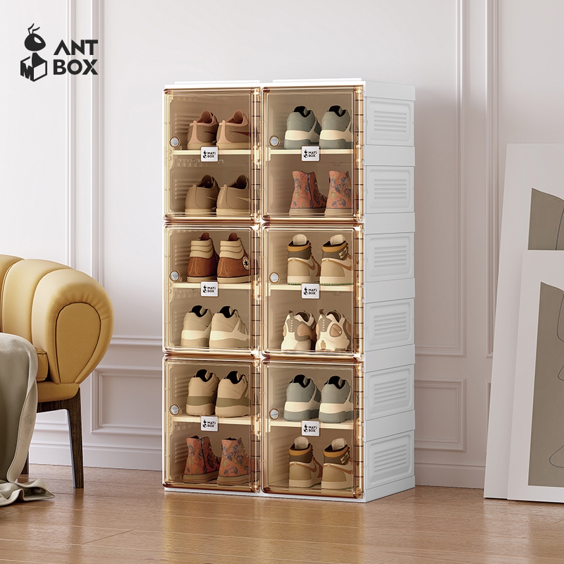 ANTBOX [พร้อมส่ง!!] กล่องใส่รองเท้า 2 แถว 6 ชั้น 12 คู่ ติดตั้งง่าย พับเก็บได้ มีหลายช่องเก็บ ประตูแม่เหล็ก แข็งแรงทนทาน กันน้ำกันแดด