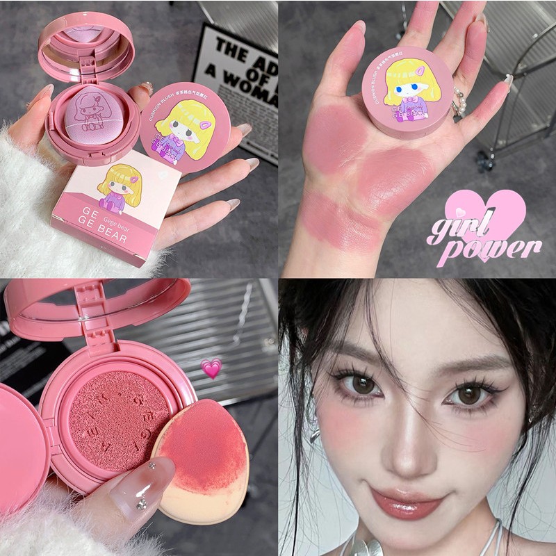 Gege Bear Cushion Blush Moisturizing Makeup with Mini Puff Blush Natural-looking Liquid Blush Powder Face Contouring Blush Powder