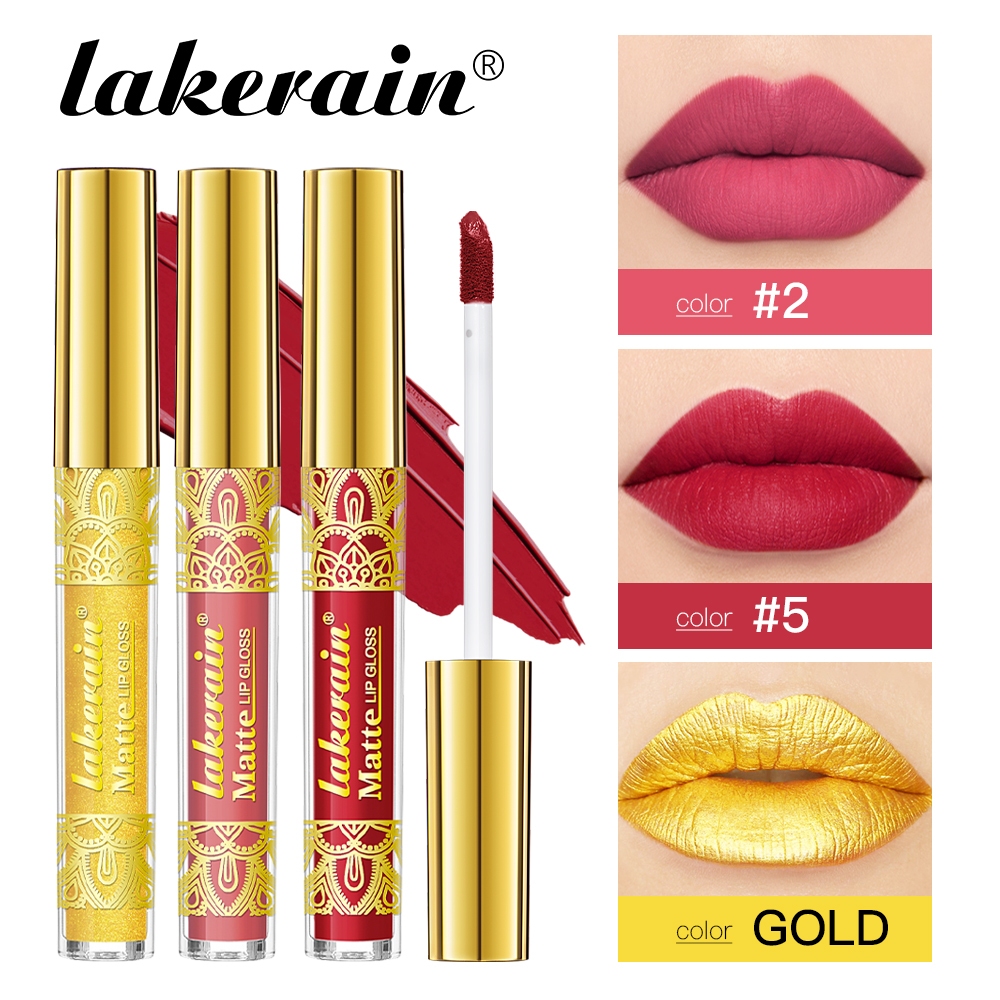 Lakerain 3 ชิ้น / เซต กลิตเตอร์ ทอง ลิปติน เซต แวววาว เนื้อแมตต์ กํามะหยี่ กันน้ํา มินิ ลิควิด ลิปสติก เซต เม็ดสีสูง แต่งหน้า