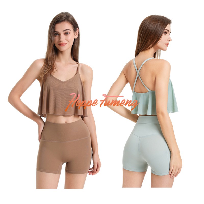 Hoppe Fumeng 2PCS เสื้อกั๊กบุนวมโยคะคงที่และกางเกงขาสั้นเอวสูงสําหรับผู้หญิงชุดลําลอง