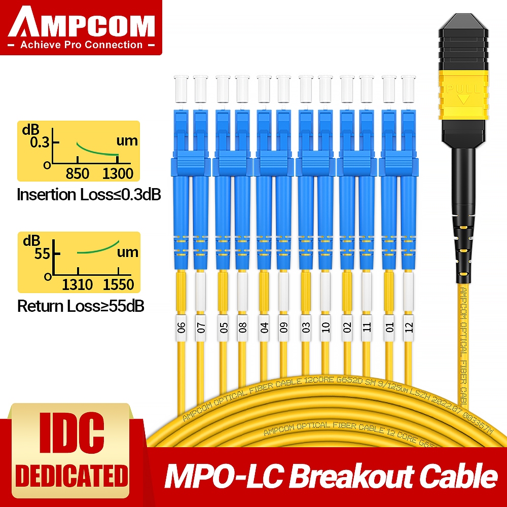 AMPCOM  สายแบบ MPO/MTP ไปยัง LC Fiber Breakout, MPO ไปยัง 4/6/12 LC UPC ดูแปรทั้งคู่ 8/12/24 ไฟเบอร์ ประเภท B Plenum (LZSH) OS2 9/125 โหมดเดียว Breakout Cable