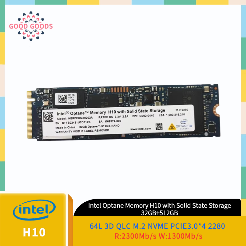 Intel Optane หน่วยความจํา H10 พร้อมโซลิดสเตท 64L 3D QLC 32GB/512GB nvme PCIE3.0*4 2280(HBRPEKNX0202A)