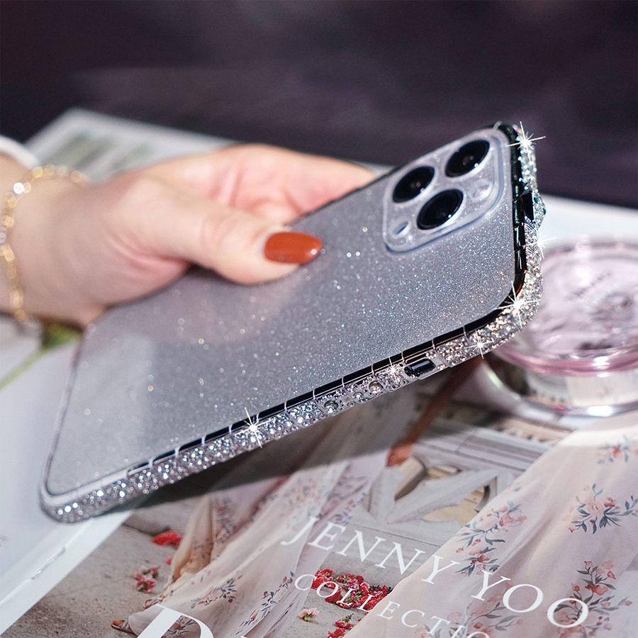 Glitter เพชรโลหะกันชนสําหรับ iPhone 14 15 16 Pro Max Plus 13 12 11 Pro Max กรณี Rhinestone Bling ฝาครอบ