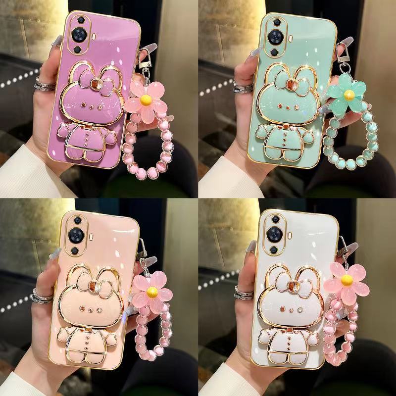 เคส Samsung A05S A05 A15 A25 A20 A30 A50 A30S A50S กระจกแต่งหน้าขอบตรงวงเล็บกระต่าย + สร้อยข้อมือดอกไม้