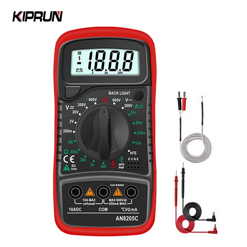 Kiprun มัลติมิเตอร์ดิจิทัล AC DC แอมมิเตอร์ โวลต์โอห์ม ทดสอบมัลติเมโทร พร้อมเทอร์โมคัปเปิล แบ็คไลท์ LCD แบบพกพา AN8205C