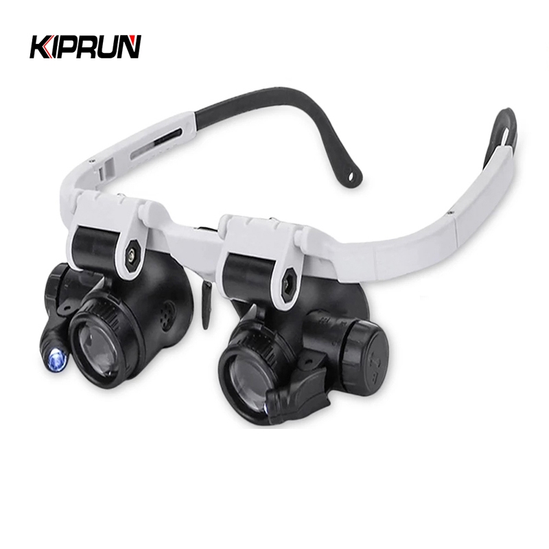Kiprun 8X15X23X กล้องโทรทรรศน์แว่นขยาย Dual,2LED หัวติดตั้งกล้องจุลทรรศน์ส่องสว่างแถบคาดศีรษะซ่อมหลอดไฟ LED แว่นขยาย 8x 15x 23x แว่นขยาย Loupe