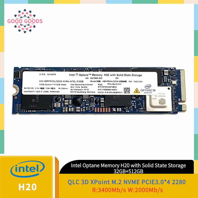 Intel Optane หน่วยความจํา H20 พร้อมโซลิดสเตท 3D XPoint QLC 32GB/512GB nvme PCIE3.0*4 2280(HBRPEKNL0202A)