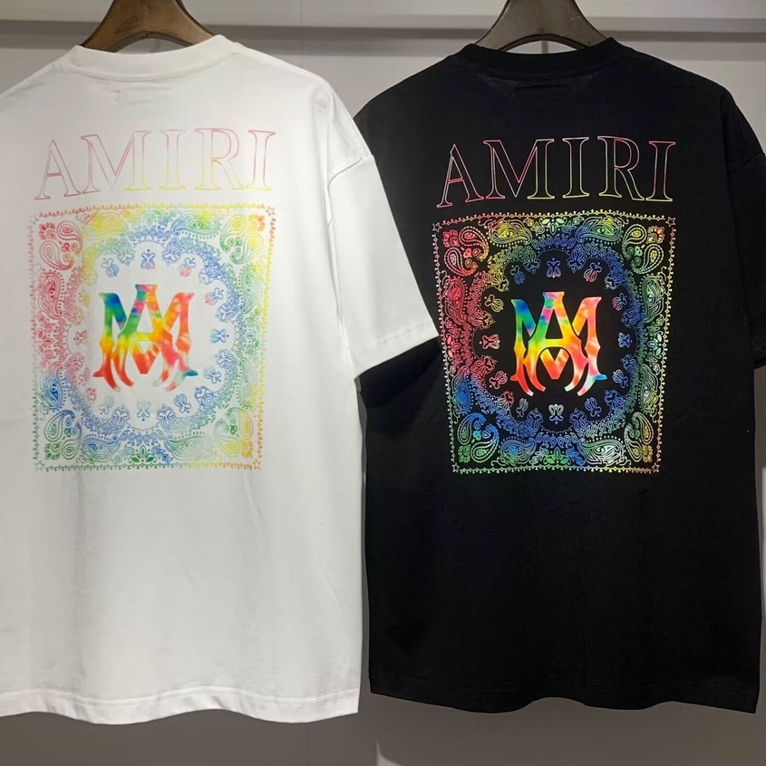 ((ผ้าฝ้ายแท้) เสื้อยืดคอกลม แขนสั้น พิมพ์ลายตัวอักษร AMIRI ดอกไม้ เม็ดมะม่วงหิมพานต์ สีสันสดใส สไตล์คลาสสิก สําหรับผู้ชาย และผู้หญิง