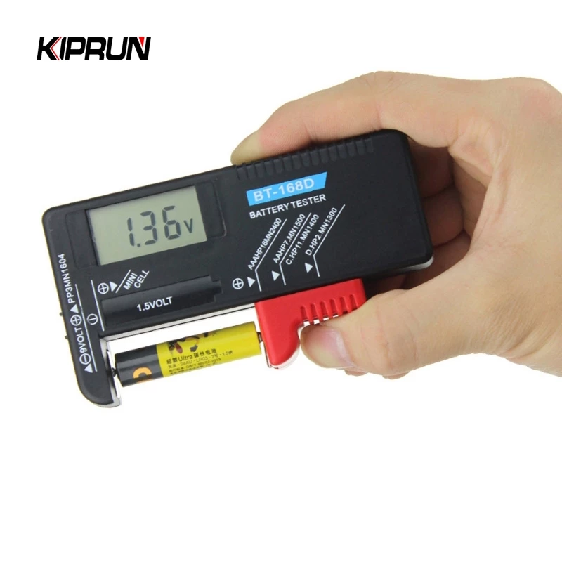 Kiprun เครื่องทดสอบแบตเตอรี่ดิจิทัล LCD สําหรับแบตเตอรี่ 9V 1.5V AA AAA Cell C D BT168D