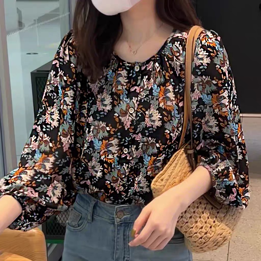 เสื้อเชิ้ตแขนยาว คอกลม ทรงหลวม พิมพ์ลายดอกไม้ เข้ากับทุกการแต่งกาย แฟชั่นฤดูร้อน สไตล์เรโทร สําหรับผู้หญิง