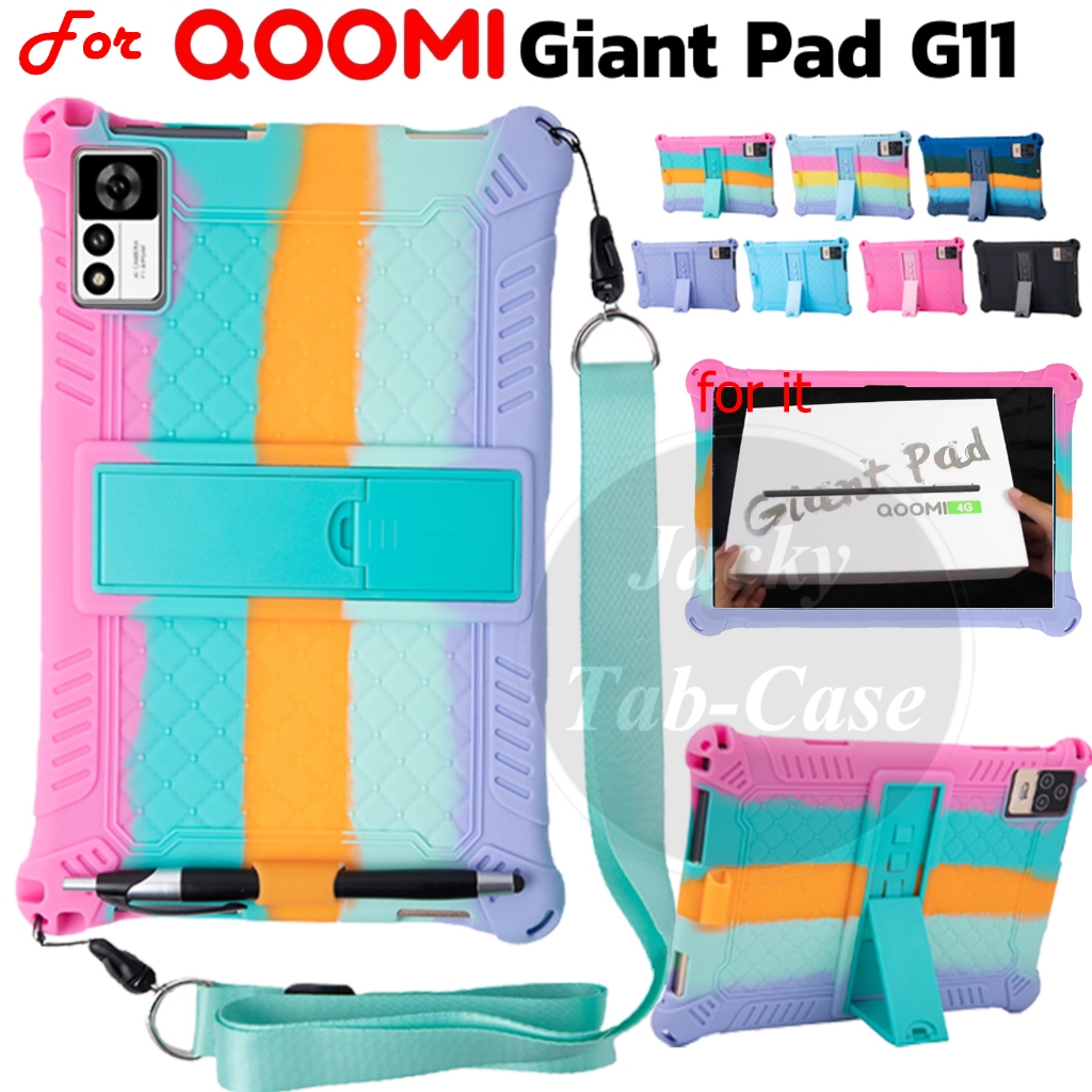 เคสซิลิโคนนิ่ม สีรุ้ง พร้อมสายคล้อง และปากกาสไตลัส กันกระแทก สําหรับ QOOMI 4G GIANT PAD G11 Android 12 10.1 นิ้ว