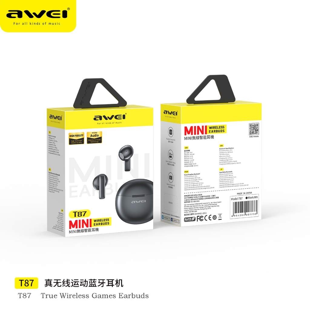 Awei T87 TWS หูฟังบลูทูธ เบส หนัก ของแทั Bluetooth ตัดเสียงรบกวน เสียงชัดเจน มินิหูฟัง มีไมค์