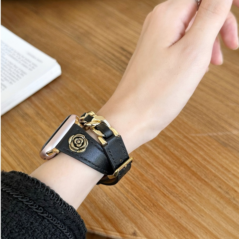 Camellia สายนาฬิกาข้อมือหนัง สเตนเลส สําหรับ AP Watch Series10 Series9 Series 8 Series7 6 5 4 3 2 1 SE SE2 Ultra2 Ultra 49 มม. 41 มม. 45 มม. 40 มม. 44 มม. 38 มม. 42 มม. สาย i watch Strap