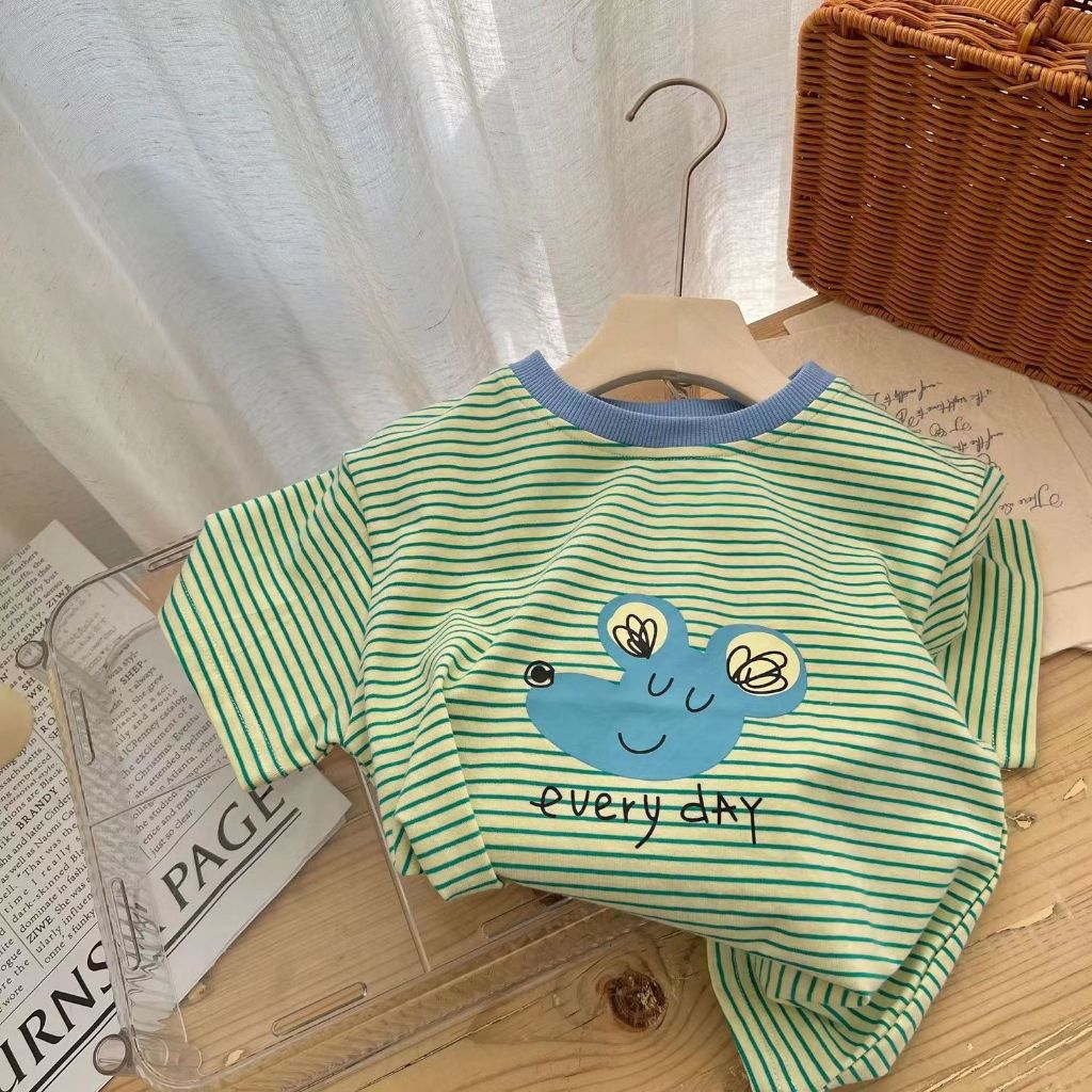 2.3 เสื้อยืดแขนสั้น ลายทาง สีตัดกัน สไตล์เกาหลี ตะวันตก แฟชั่นฤดูร้อน สําหรับเด็กผู้ชาย