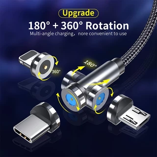 540° สายชาร์จโทรศัพท์มือถือ แบบแม่เหล็ก ไนล่อนถัก Type-C Micro iOS หมุนได้