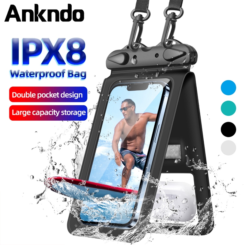 Ankndo กระเป๋าใส่โทรศัพท์มือถือ กันน้ํา IPX8 แบบตะขอคู่ กันน้ํา สําหรับว่ายน้ํา ชายหาด ริมทะเล