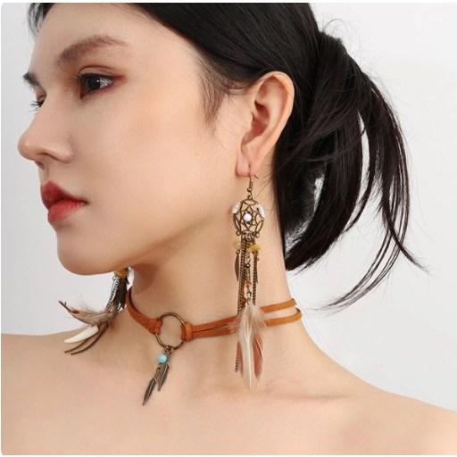 ชุดเครื่องประดับ สร้อยคอ ต่างหูโชคเกอร์ หนัง จี้ตาข่ายดักฝัน ประดับขนนก สีน้ําตาล สไตล์โบโฮ สําหรับผู้หญิง