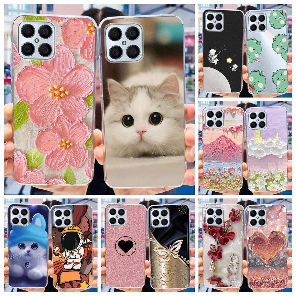 เคสโทรศัพท์มือถือ ซิลิโคนนิ่ม TPU ลายดอกไม้ แมวน่ารัก สําหรับ Honor X8 HonorX8 4G TFY-LX1 TFY-LX2 TF