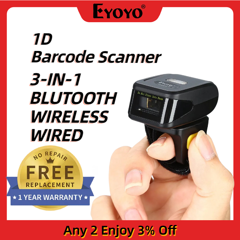 Eyoyo เครื่องสแกนบาร์โค้ดวงแหวนไร้สาย QR 1D 2D เข้ากันได้กับฟังก์ชั่นบลูทูธและการเชื่อมต่อไร้สายและแบบมีสาย 2.4GHz, เครื่องอ่านรหัสบาร์นิ้วขนาดเล็กที่สวมใส่ได้แบบพกพา