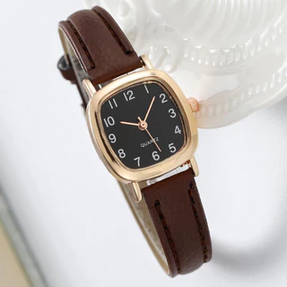 Vintage Square Small Dial นาฬิกาหรูหราสําหรับผู้หญิงสายหนังสไตล์มินิมอลสําหรับของขวัญนักเรียนสีดําสีน้ําตาล