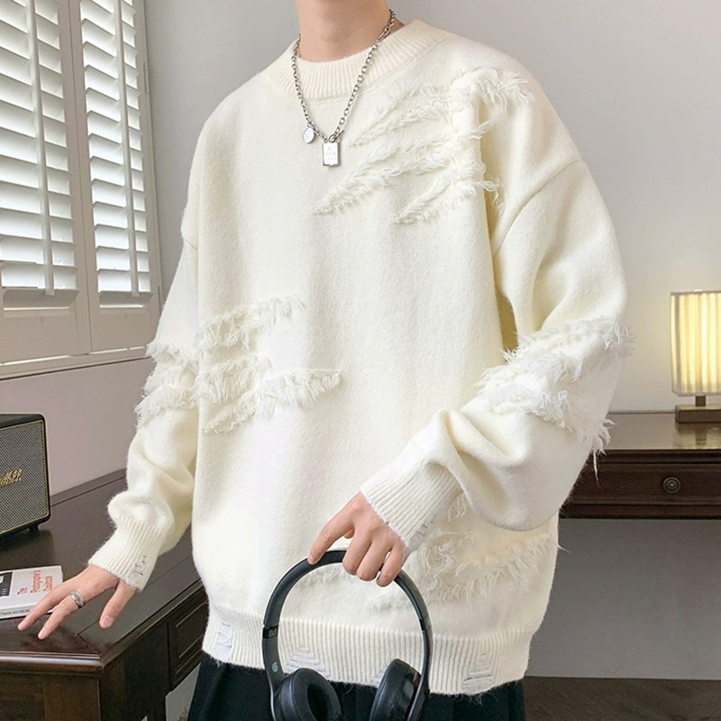 รอบคอเสื้อกันหนาวผู้ชาย 3 สี ม-3เอ็กแอล ฤดูใบไม้ร่วงฤดูหนาว ถนน สวมใส่ คนพาล หล่อหลวมเสื้อกันหนาวผู้ชายญี่ปุ่นย้อนยุคขี้เกียจเสื้อแจ็ค