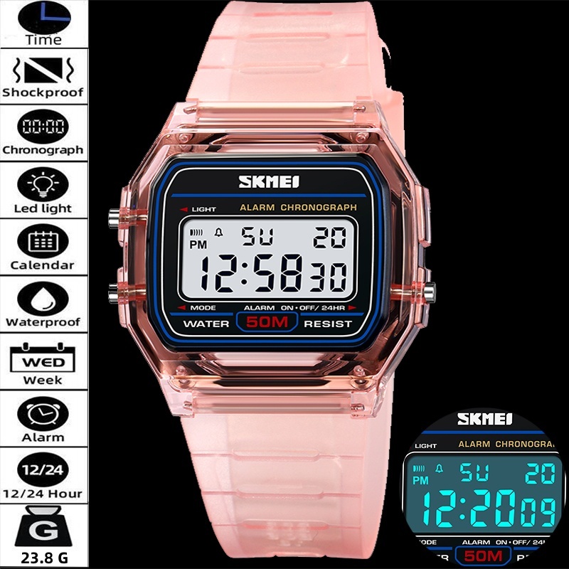 Skmei LED กันน้ํานาฬิกาผู้หญิงแฟชั่นโปร่งใสกรณี TPU สายคล้องคอดิจิตอลกีฬานาฬิกาข้อมือหญิง 12/24 ชั่วโมง