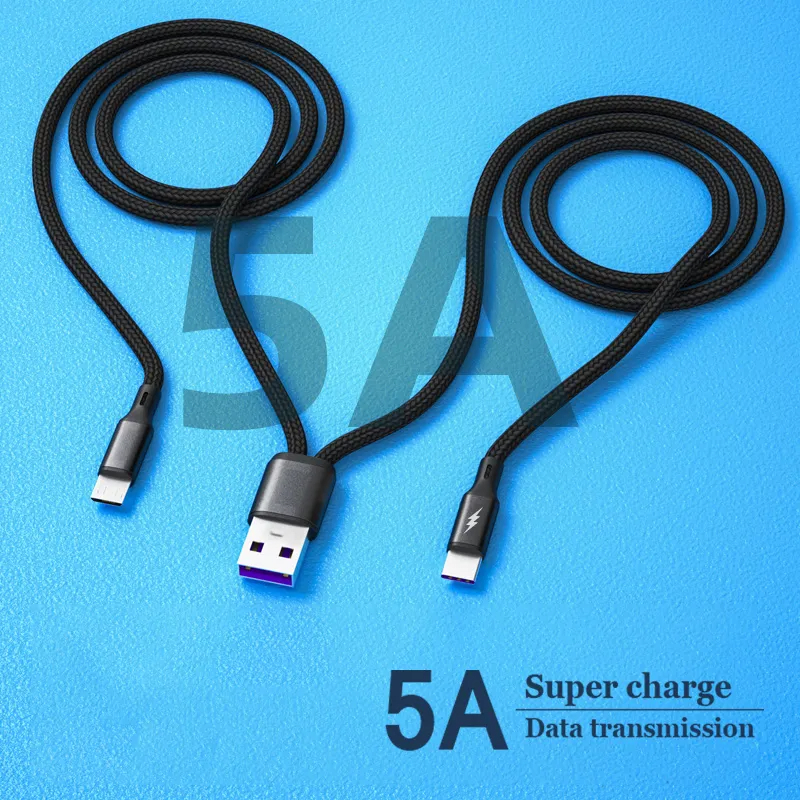 2 In 1 สายชาร์จ USB Type C 5A 1.2 ม. ชาร์จเร็ว สําหรับโทรศัพท์มือถือ Huaiwei Samgsung Xiaomi Type C
