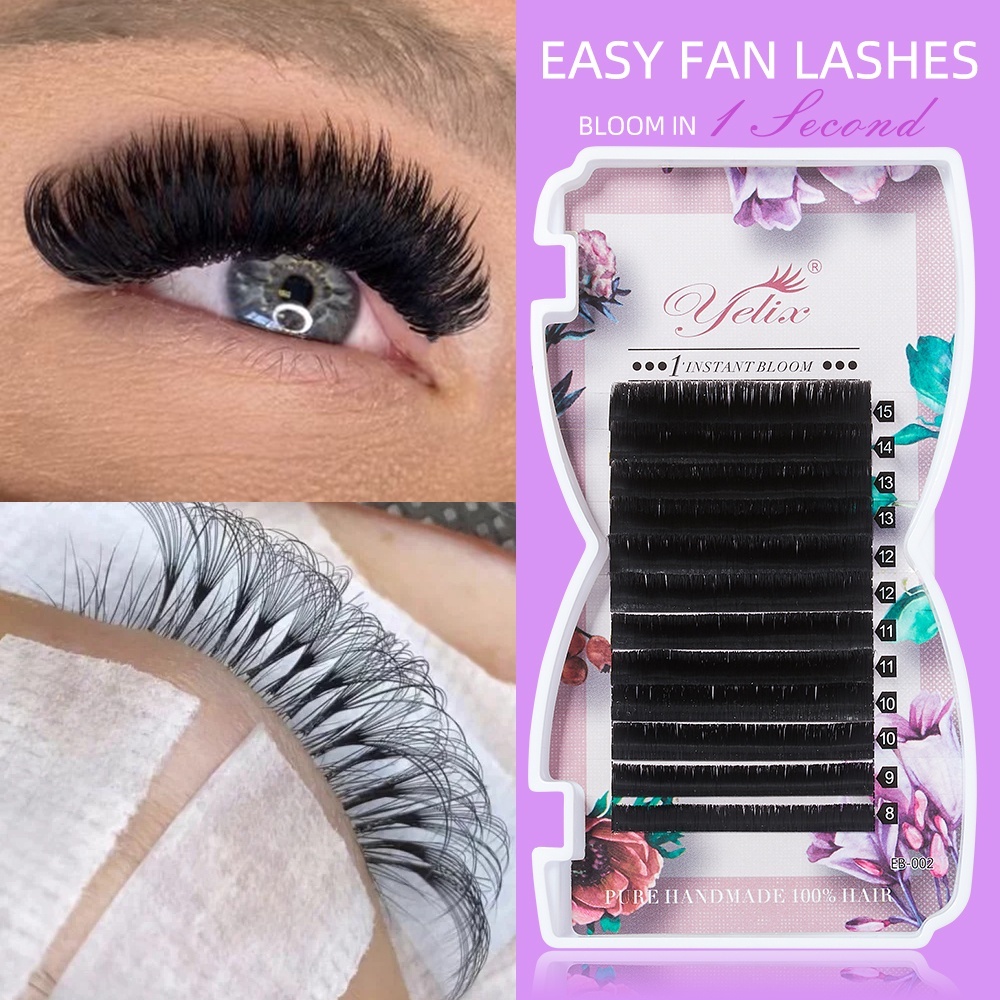 Yelix Standard Bloom Easy Fan Eyelash Blossom สีดําพัดลมอัตโนมัติ Lash Extensions ความยาวเดียวกันในหนึ่งแถว Fan Lash 0.10 มม.C/C+/D Curl