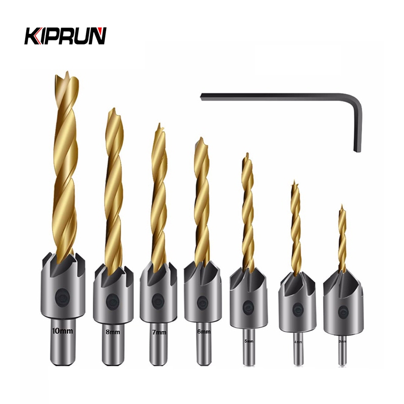 Kiprun 7 ชิ้นขลุ่ย Countersink เจาะ Bits countersunk หัวเจาะ Bit ชุด 3 เคล็ดลับงานไม้เจาะ 3,4,5,6,7,8,10 มม.