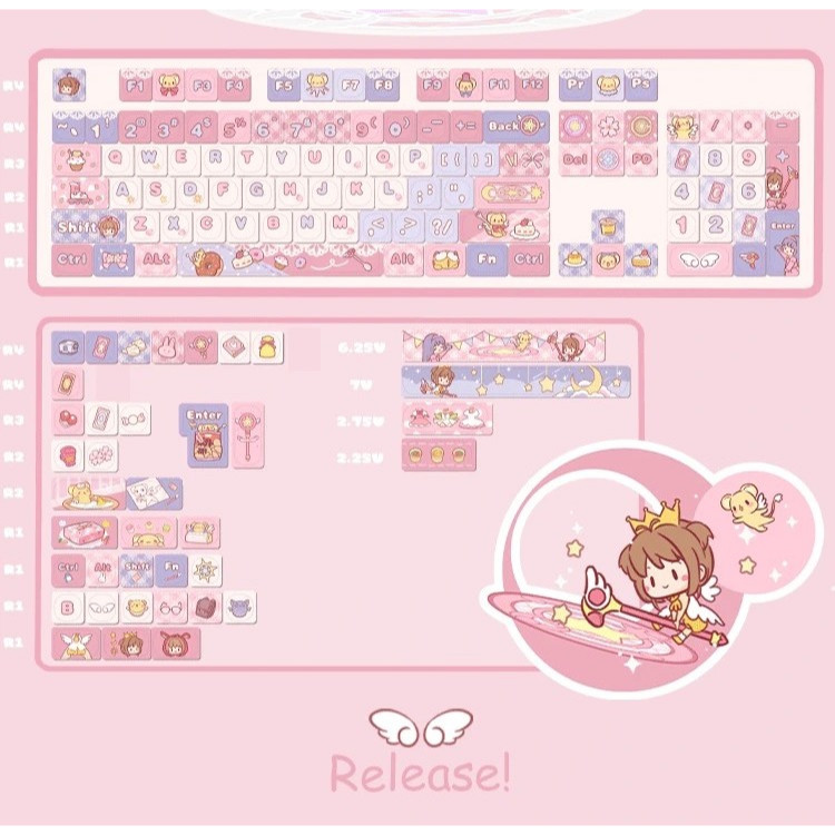 142 คีย์ Cardcaptor Sakura Keycaps MOA/Cherry ความสูง PBT วัสดุ ระเหิดความร้อนห้าด้าน Keycap แป้นพิมพ์เครื่องกล น่ารัก สีชมพู keycap พอดีกับ 61/68/75/84/87/96/98/104/108