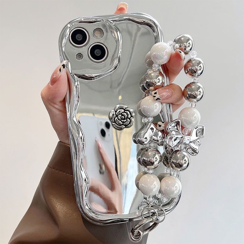 3d โลหะเงิน camellia Electroplated เงินครีมขอบเคสโทรศัพท์พร้อมสร้อยข้อมือสําหรับ iphone 16promax 15 14 pro max 13 pro max 12 11 xsmax XR X XS 7 8 PLUS