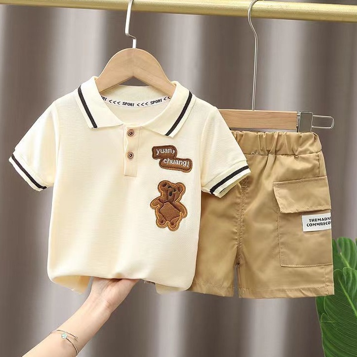 ชุดเสื้อโปโลแขนสั้นแบบสองชิ้นสำหรับทารก 0-6 เดือน ออกแบบเป็นตัวการ์ตูนหมี