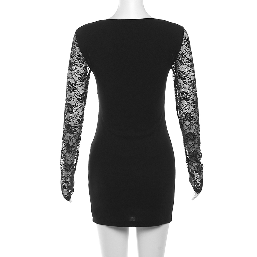 Cutenew ชุดมินิเดรสสั้น แขนยาว รัดรูป แต่งลูกไม้ เซ็กซี่ สีดํา เหมาะกับงานปาร์ตี้วันเกิด แฟชั่นฤดูใบไม้ผลิ สําหรับสตรี - รูปที่ 6