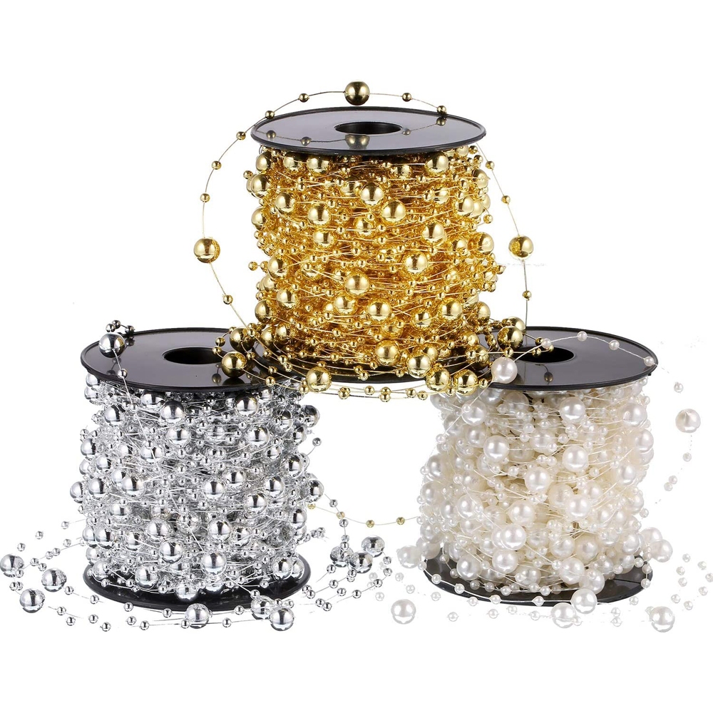 2m ลูกปัด Garland Pearl Strands ปลาริบบิ้นโซ่สําหรับคริสต์มาสของขวัญห่อตกแต่ง 0.8 ซม.กว้าง