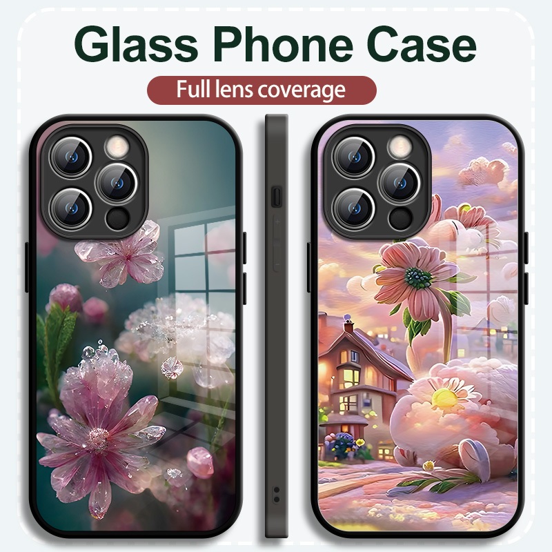 เคส Apple Glass คุณภาพสูงสำหรับ iPhone15 14 13 12 11ProMax รูปแบบดอกไม้ Creative HD สำหรับ iPhone XR XSMax 7 8Plus 6S Plus กรณีป้องกันสำหรับผู้หญิง